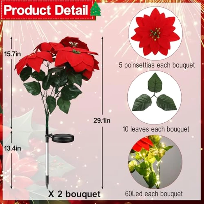 Solar Powered Christmas Flower Poinsettia Lights Outdoor, 2Pack Each 5 Artificial Poinsettias 60Led Fairy Lights, Outside Xmas Decorations for Garden,Pathway,Yard,Patio,Lawn,Cemetery,Grave,Tree by YAOZHOU - Image 2