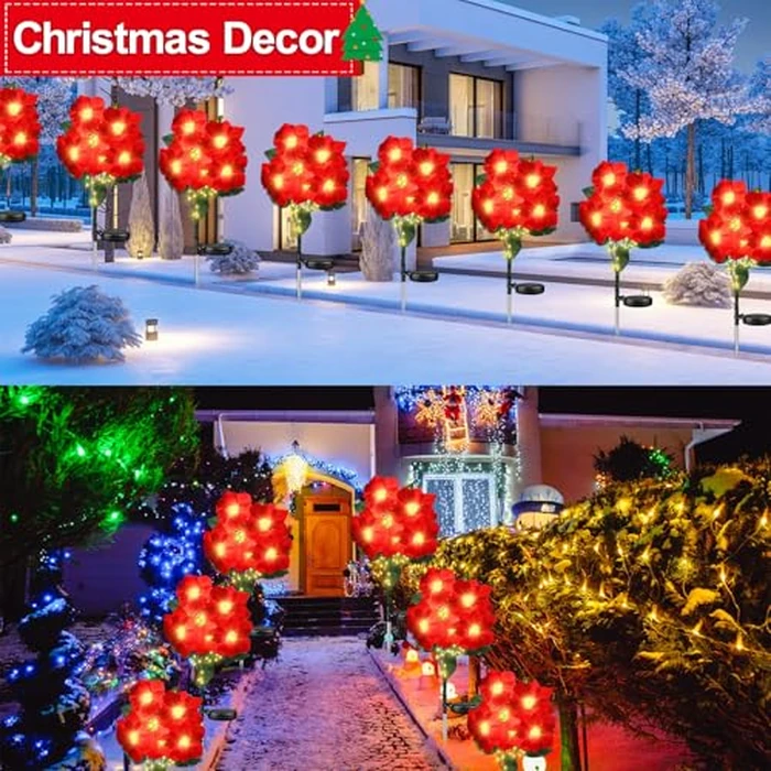 Solar Powered Christmas Flower Poinsettia Lights Outdoor, 2Pack Each 5 Artificial Poinsettias 60Led Fairy Lights, Outside Xmas Decorations for Garden,Pathway,Yard,Patio,Lawn,Cemetery,Grave,Tree by YAOZHOU - Image 6