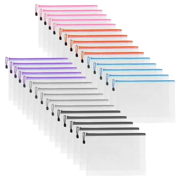 Hyuetrsa 30 Pack A4 Mesh Zipper File Bags Multi-Purpose Zipper Pouches 6 Colors Waterproof Plastic Document Organizer for Office Supplies, Travel Storage, Puzzles & Cosmetics by Hyuetrsa - Used - Like New condition