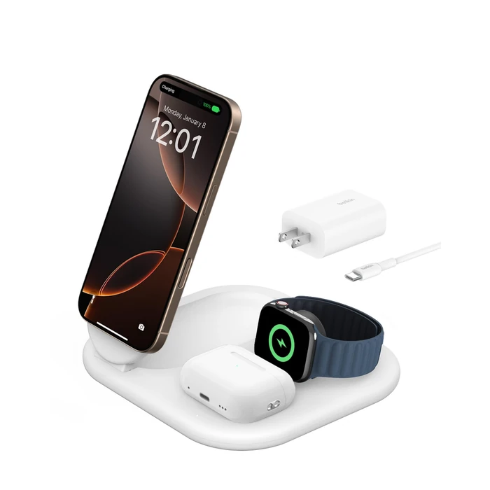 Belkin 3-in-1 MagSafe-Compatible iPhone Charger 15W, Foldable Magnetic Qi2-Certified Wireless Charging Station for iPhone 17, Apple Watch Series 10, AirPods 4, and More, w/Non-Slip Base & PSU - White by Belkin - Image 1