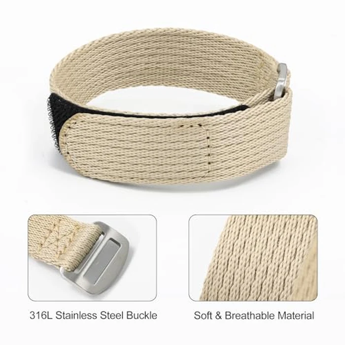 Soft Nylon Watch Band - 20mm 22mm Hook and Loop Fasteners Watch Strap - Sport Watch Bands for Men Women (22mm-M, Khaki) by 1963 Watch - Image 3