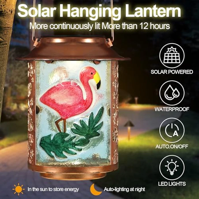Flamingo Solar Lanterns Outdoor Waterproof,Birthday Gifts for Women Mom Grandma Garden Decor,Hanging Solar Lights Wall Mount Decorations for Yard,Front Porch,Patio,Lawn Pathway Landscape by Pawatee - Image 4