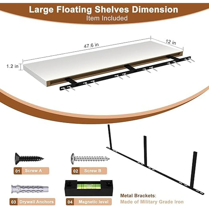Landmok Large Floating Shelves for Wall 1 Pack Deep Floating Shelves No Drilling Accessories Included Deep Wall Shelves for Living Room Kitchen Farmhouse 48" W x 12" D x 1.2" H White by Landmok - Image 3