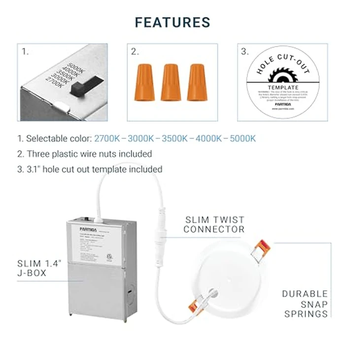 PARMIDA (6 Pack) 3 Inch 5CCT Ultra-Thin LED Adjustable Gimbal Recessed Lighting with J-Box, 2700K/3000K/3500K/4000K/5000K 5 Color Selectable, 8W, Eyeball Canless Slim Panel Lights, Dimmable, IC, ETL by Parmida LED Technologies - Image 4