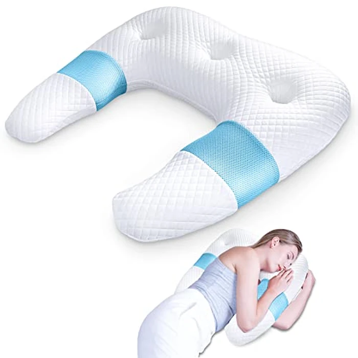 SAHEYER Side Sleeper Pillows for Adults, U Shaped Body Pillow for Pain Relief, Orthopedic Memory Foam Shoulder Pillow for Side,Stomach, Back, Arm with Removable Washable Cover (Upgraded Version), Blue by SAHEYER - Used - Like New condition