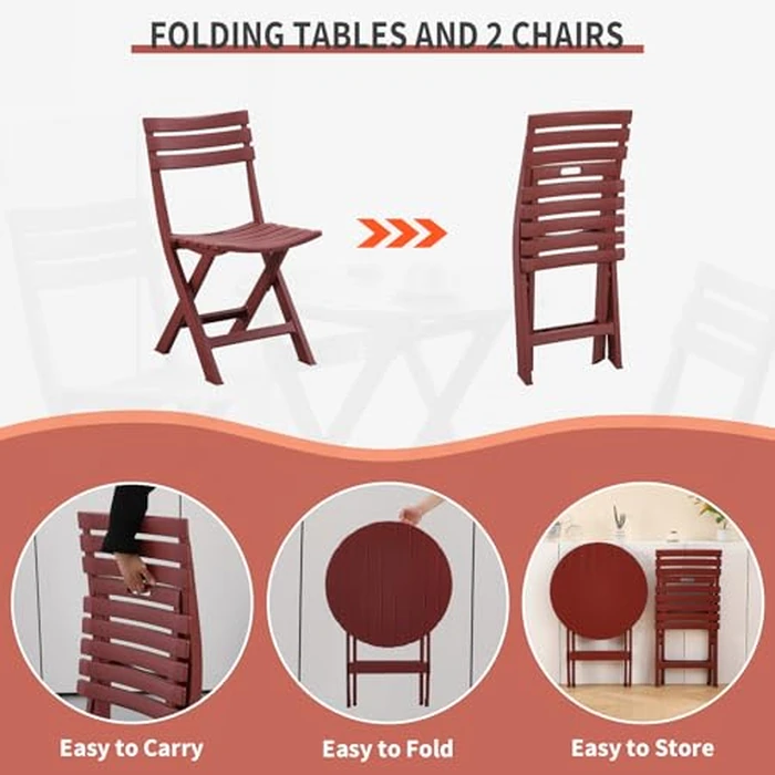 BOOSDEN Foldable Patio Set, Bistro Table and Chairs, 3 Piece Patio Bistro Sets, 2 Plastics Folding Chairs and Round Table for Outdoor Balcony, Porch, Lawn, Garden, Patio, Red by BOOSDEN - Image 3