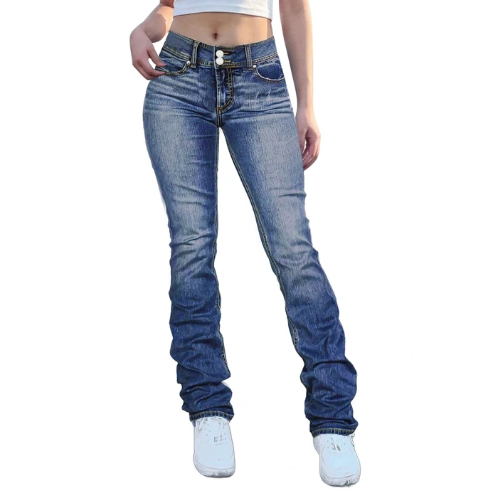 Flamingals Bootcut Jeans for Women High Waist Butt Lifting Dual Button Skinny Straight Leg Jeans Trendy Denim Pants Mid Blue Wash M by Flamingals - Image 1