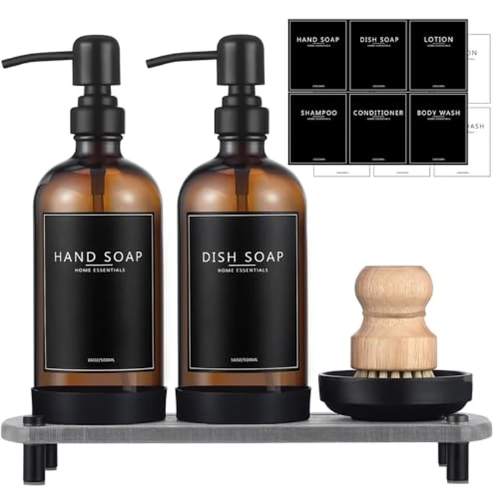 NEECZS Kitchen Soap Dispenser Set with Instant Dry Tray,16 Oz Hand and Dish Soap Amber Glass Dispenser Set,Stainless Steel Pump,Waterproof Labels&Dish Brush,Luxury Soap Bottle for Kitchen,Bathroom by NEECZS - Used - Like New condition - US$23.74