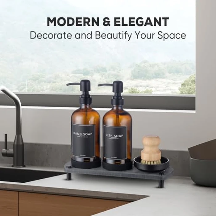 NEECZS Kitchen Soap Dispenser Set with Instant Dry Tray,16 Oz Hand and Dish Soap Amber Glass Dispenser Set,Stainless Steel Pump,Waterproof Labels&Dish Brush,Luxury Soap Bottle for Kitchen,Bathroom by NEECZS - Image 5