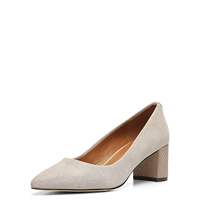 Donald Pliner Stephani High Crepe Fabric 2” Block, Chunky Heels, Women’s Dress Shoes, Classic Pump, Light Taupe-Kid Suede, 9 by Donald J Pliner - Used - Like New condition - US$45.81