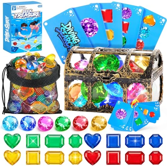 DISHIO Diving Toys for Kids, Seek Treasure Underwater Pool Gem Hunt Pool Game with 60PCS Sinking Gems, Pirate Treasure Chest, 35PCS Game Cards, Summer Swimming Pool Toys for Toddlers Kids Age 3-10 by DISHIO - Used - Like New condition - US$13.87