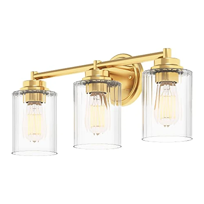 Inlight Bathroom Light Fixture Over Mirror, 3-Light Gold Vanity Light with Inward Ribbed Clear Glass Shade, (8-3/4" H x 20" W) Modern Wall Sconce, Bulb Not Included, E12 Base, Hardwired, IN-0444-3-GD by GETINLIGHT - Used - Good condition
