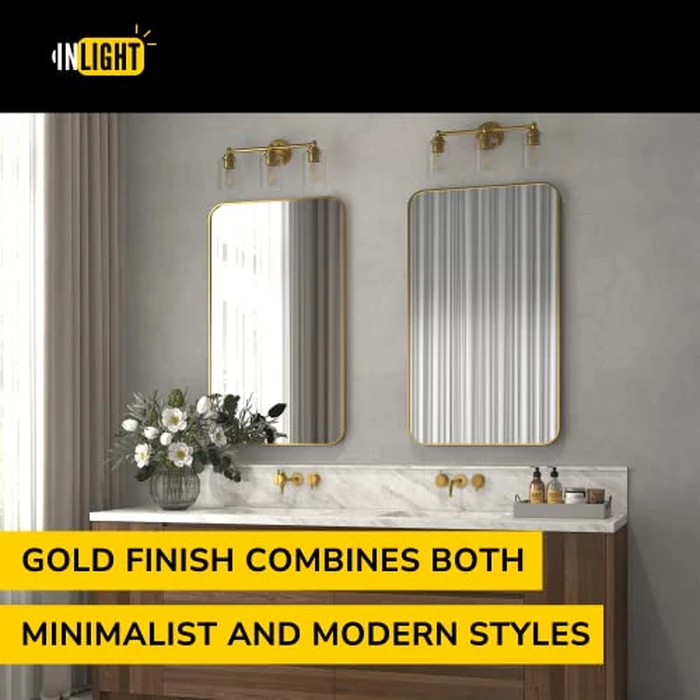 Inlight Bathroom Light Fixture Over Mirror, 3-Light Gold Vanity Light with Inward Ribbed Clear Glass Shade, (8-3/4" H x 20" W) Modern Wall Sconce, Bulb Not Included, E12 Base, Hardwired, IN-0444-3-GD by GETINLIGHT - Image 2