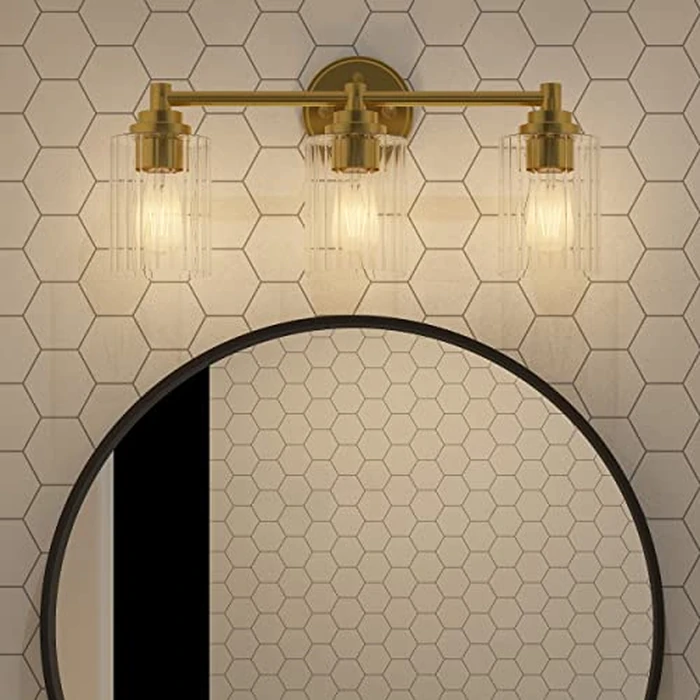 Inlight Bathroom Light Fixture Over Mirror, 3-Light Gold Vanity Light with Inward Ribbed Clear Glass Shade, (8-3/4" H x 20" W) Modern Wall Sconce, Bulb Not Included, E12 Base, Hardwired, IN-0444-3-GD by GETINLIGHT - Image 7