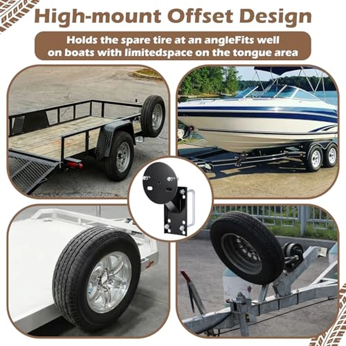 Outus Heavy Duty High Mount Spare Tire Carrier Black Iron Boat Trailer Spare Tire Mount for 4 5 6 Lugs Trailer Wheels on 4" 4.5'' 4.75'' 5'' and 5.5'' Bolt Patterns with U Bolts Lock Nuts Lug Nuts by Outus - Image 4