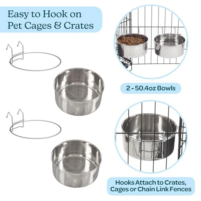 Set of 2 Stainless-Steel Dog Bowls - Cage, Kennel, and Crate Hanging Pet Bowls for Food and Water - 50.4oz or 6.3 Cups Each and Dishwasher Safe by PETMAKER by PETMAKER - Image 4