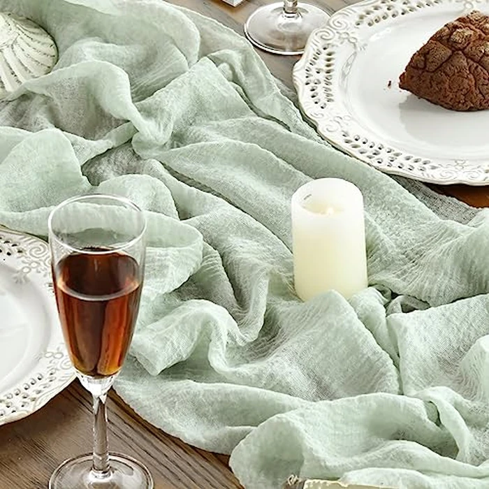 Artoid Mode Boho Sage Green Gauze 3 Pieces Wedding Table Runner, 300 cm Seasonal Fabric Kitchen Dining Holiday Table Decor for Home Party Indoor by Artoid Mode - Image 2