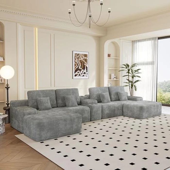KEIKI 150" U-Shaped Oversized Corduroy Modular Sectional Sofa with 2 Ottomans and Multi Functional Console, 6-Seater Upholstered Couch with USB and 2 Cup Holder, Easy Assembly, for Living Room, Grey by KEIKI - Image 2