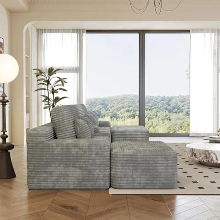 KEIKI 150" U-Shaped Oversized Corduroy Modular Sectional Sofa with 2 Ottomans and Multi Functional Console, 6-Seater Upholstered Couch with USB and 2 Cup Holder, Easy Assembly, for Living Room, Grey by KEIKI - Image 5