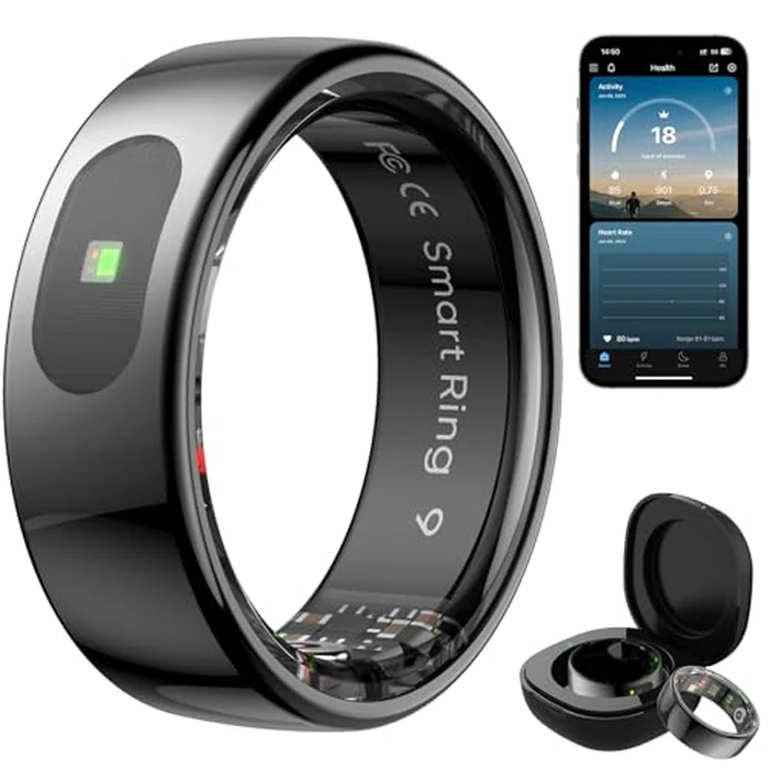 Smart Ring for Women & Men - Touch Control Health Tracker with Skin Temperature Monitoring, Sleep, Step & Exercise Tracking, Music & Video Control (Black, 7) by Jojovenusmall - Image 1