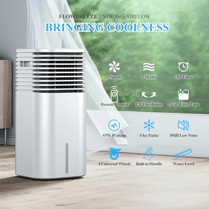 Windowless Portable Air Conditioner, 15H Timer & 120 degreesOscillation, 3-IN-1 Portable AC Unit with Remote, 2-Gal Tank, 3 Modes & 3 Speeds, Ultra-Quiet 24" Ductless Swamp Cooler for Room Home Office, White by FLOWBREEZE - Image 2