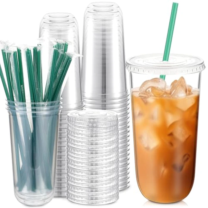 Baderke 25 Set Plastic Cups with Lids and Straws, Disposable Plastic Iced Coffee Cup for Cold Beverage Juice Smoothie Crystal for Coffee Shops Party Catering(Clear,20 oz) by Baderke - Used - Very Good condition