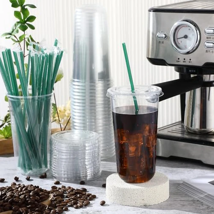 Baderke 25 Set Plastic Cups with Lids and Straws, Disposable Plastic Iced Coffee Cup for Cold Beverage Juice Smoothie Crystal for Coffee Shops Party Catering(Clear,20 oz) by Baderke - Image 2