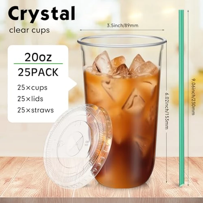 Baderke 25 Set Plastic Cups with Lids and Straws, Disposable Plastic Iced Coffee Cup for Cold Beverage Juice Smoothie Crystal for Coffee Shops Party Catering(Clear,20 oz) by Baderke - Image 3