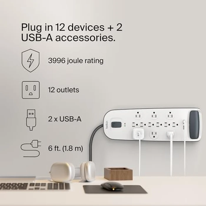 Belkin USB Power Strip Surge Protector - 12 AC Multiple Outlets & 2 USB Ports - 6 ft Long Flat Plug Extension Cord for Home, Office, Travel, Computer Desktop & Charging Brick - White (3,996 Joules) by Belkin - Image 2
