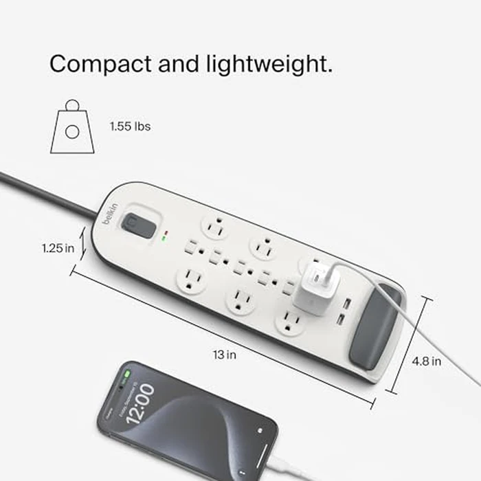 Belkin USB Power Strip Surge Protector - 12 AC Multiple Outlets & 2 USB Ports - 6 ft Long Flat Plug Extension Cord for Home, Office, Travel, Computer Desktop & Charging Brick - White (3,996 Joules) by Belkin - Image 4