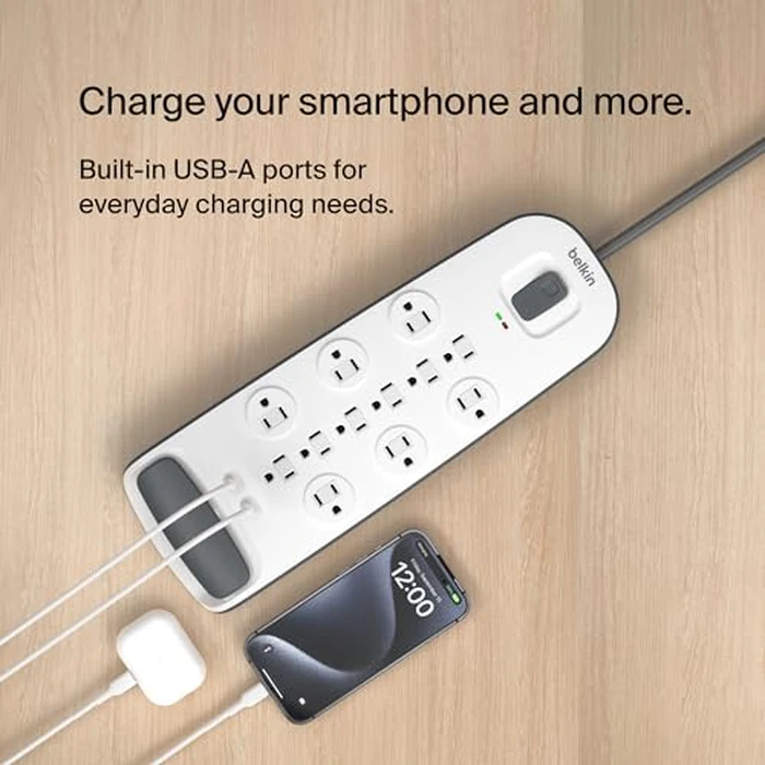 Belkin USB Power Strip Surge Protector - 12 AC Multiple Outlets & 2 USB Ports - 6 ft Long Flat Plug Extension Cord for Home, Office, Travel, Computer Desktop & Charging Brick - White (3,996 Joules) by Belkin - Image 5