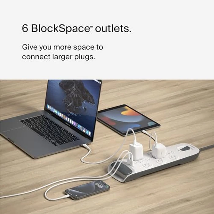 Belkin USB Power Strip Surge Protector - 12 AC Multiple Outlets & 2 USB Ports - 6 ft Long Flat Plug Extension Cord for Home, Office, Travel, Computer Desktop & Charging Brick - White (3,996 Joules) by Belkin - Image 6