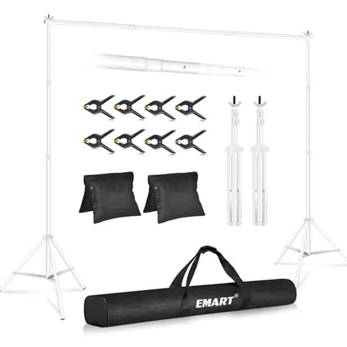 EMART Backdrop Stand 10x8.5ft(WxH) Photo Studio Adjustable Background Stand Support kit with 2 Crossbars, 8 Clamps, 2 Sandbags and Carry Bag for Parties, Events Decoration, Wedding, Photography -White by EMART - Image 1