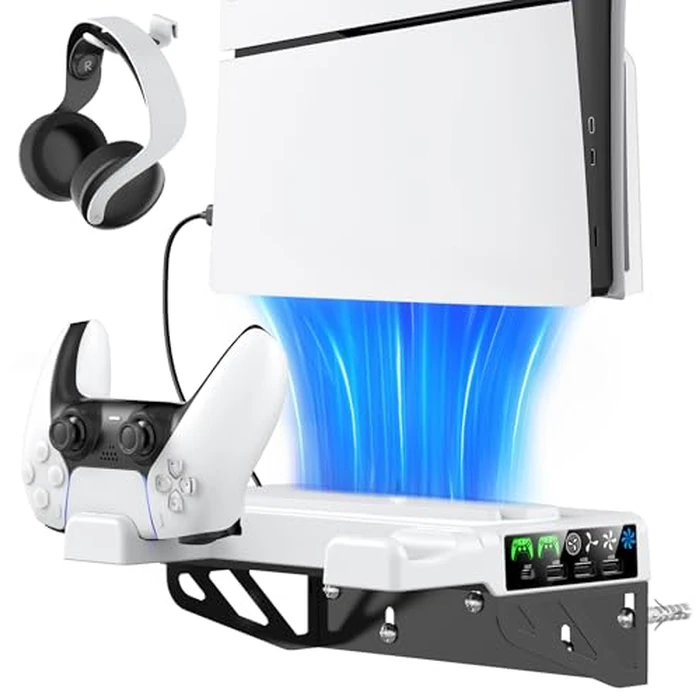 PS5/Slim/Pro Wall Mount Kit with Cooling Fan & Charging Station, PS5 Shelf Floating Mount for All PlayStation 5/Slim/Pro Disc & Digital Console, PS 5 Wall Bracket Behind TV, PS Five Pro Accessories by Tokluck - Used - Like New condition