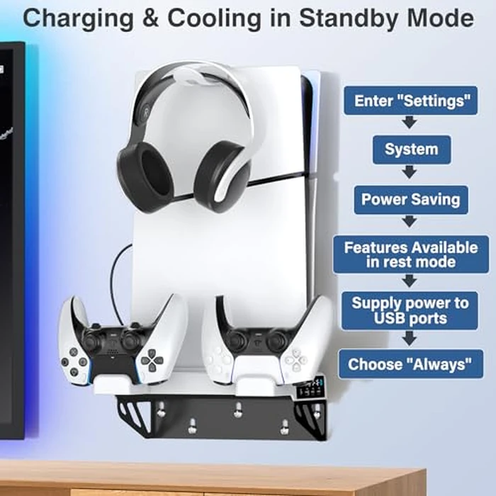 PS5/Slim/Pro Wall Mount Kit with Cooling Fan & Charging Station, PS5 Shelf Floating Mount for All PlayStation 5/Slim/Pro Disc & Digital Console, PS 5 Wall Bracket Behind TV, PS Five Pro Accessories by Tokluck - Image 7