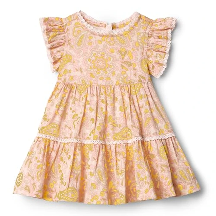 Amazon Essentials x Sofia Grainge Baby Girls' Woven Cotton Sateen Fit & Flare Casual Dress, Shell Pink Ornate Paisley, 12 Months by Amazon Essentials - Used - Very Good condition