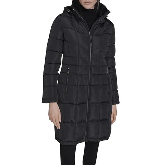 Calvin Klein Women's Full Length Puffer Coat - Hooded Quilted Winter Jacket with Zip Up Front, Black, S by Calvin Klein - Image 1