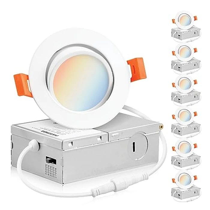 PARMIDA (6 Pack) 3 Inch 5CCT Ultra-Thin LED Adjustable Gimbal Recessed Lighting with J-Box, 2700K/3000K/3500K/4000K/5000K 5 Color Selectable, 8W, Eyeball Canless Slim Panel Lights, Dimmable, IC, ETL by Parmida LED Technologies - Used - Very Good condition - US$33.60