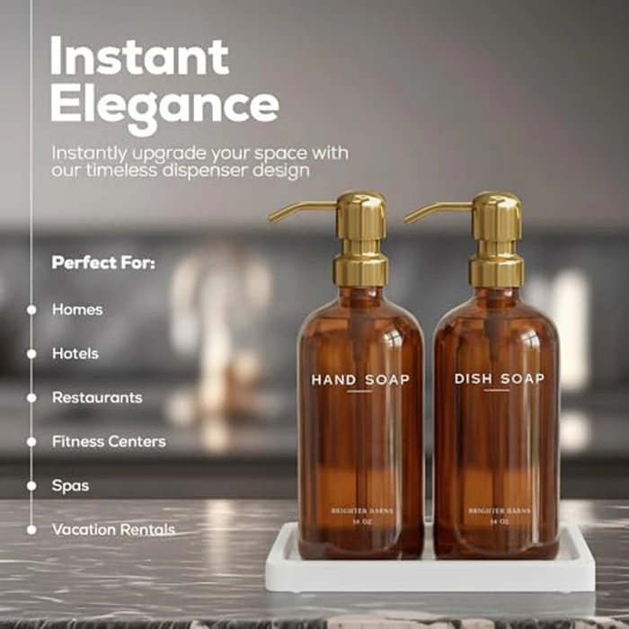 Luxury Glass Hand and Dish Soap Dispenser Set with Tray by Brighter Barns - Kitchen Soap Dispenser with Tray and Pump for Kitchen Sink - Luxury Home Decor for Airbnb, Restaurant, Hotel (Amber/Gold) by Brighter Barns - Used - Like New condition - US$36.55