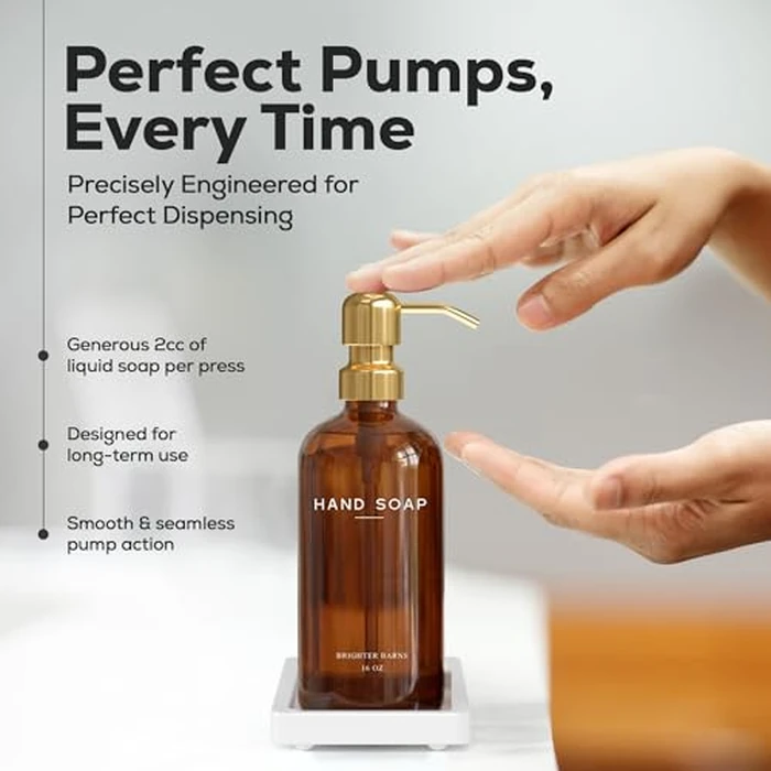 Luxury Glass Hand and Dish Soap Dispenser Set with Tray by Brighter Barns - Kitchen Soap Dispenser with Tray and Pump for Kitchen Sink - Luxury Home Decor for Airbnb, Restaurant, Hotel (Amber/Gold) by Brighter Barns - Image 3