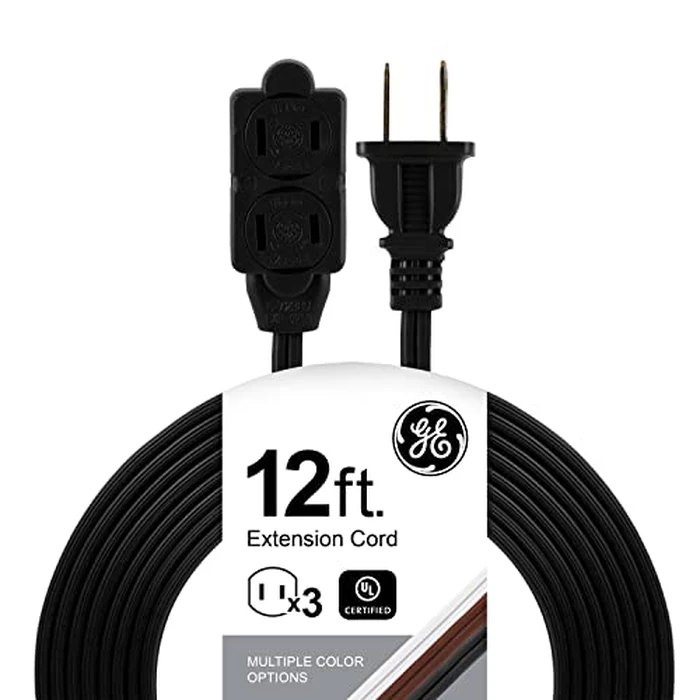GE 12 Ft Extension Cord, 3 Outlet Power Strip, 2 Prong, 16 Gauge, Twist-to-Close Safety Outlet Covers, Indoor Rated, Perfect for Home, Office or Kitchen, UL Listed, Black, 45152 by GE - Used - Very Good condition