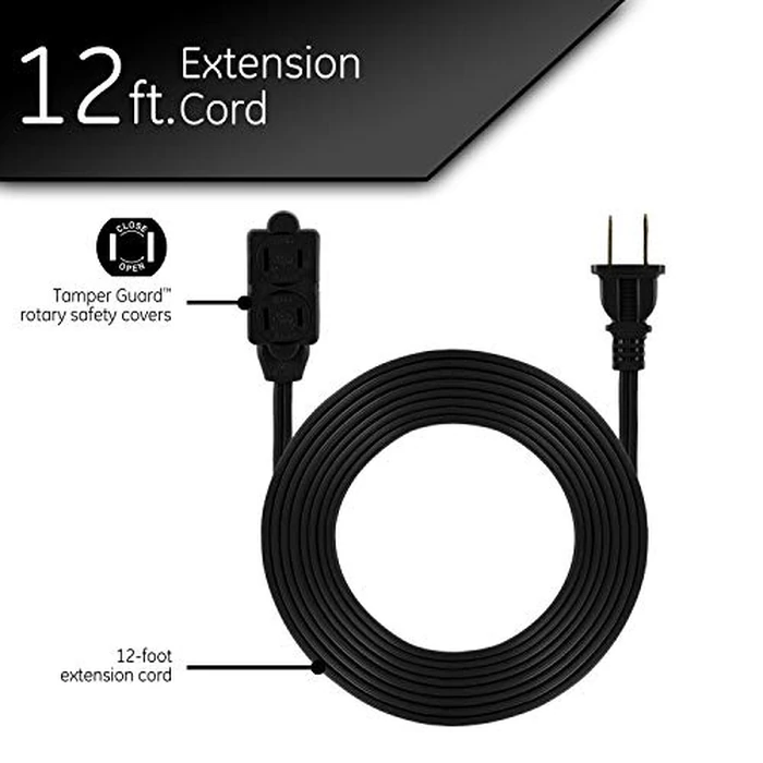 GE 12 Ft Extension Cord, 3 Outlet Power Strip, 2 Prong, 16 Gauge, Twist-to-Close Safety Outlet Covers, Indoor Rated, Perfect for Home, Office or Kitchen, UL Listed, Black, 45152 by GE - Image 2