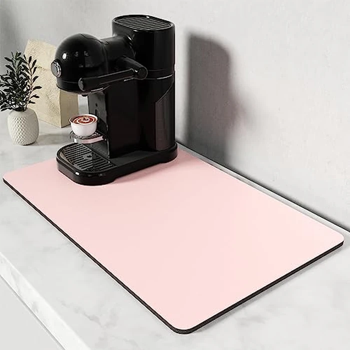 Rnivvi Coffee Mat, 12" x 19" Coffee Bar Mats for Espresso Machine Station Accessories and Organizer, Hide Stain Rubber Backed Absorbent Dish Drying Pad for Kitchen Counter, Cute Bar Decor Pad, Pink by Rnivvi - Used - Like New condition - US$8.99