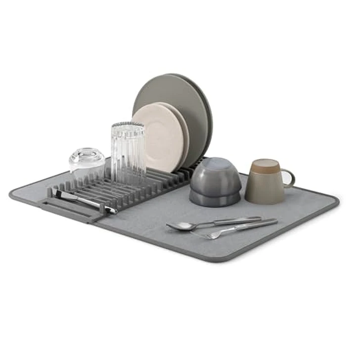 Umbra Udry Dish Rack and Microfiber Drying Mat - Space-Saving Design Folds Up for Easy Storage, Basic Rack, Dark Grey by Umbra - Used - Acceptable condition - CA$11.56
