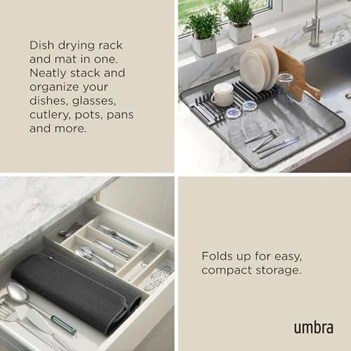 Umbra Udry Dish Rack and Microfiber Drying Mat - Space-Saving Design Folds Up for Easy Storage, Basic Rack, Dark Grey by Umbra - Image 4