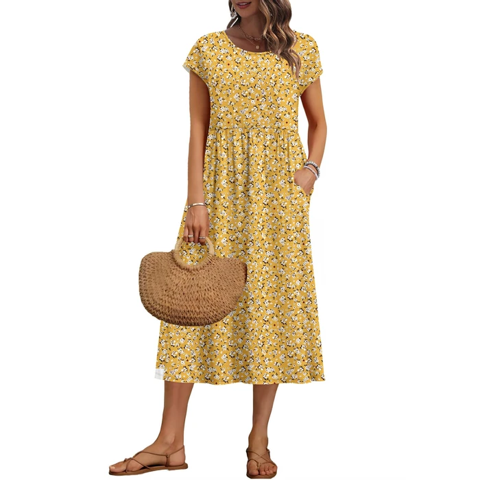 AUSELILY Women's Summer Casual Dresses Crew Neck Loose Short Sleeve Midi Dress with Pockets 2026 New,Yellow Florals,S by AUSELILY - Used - Like New condition