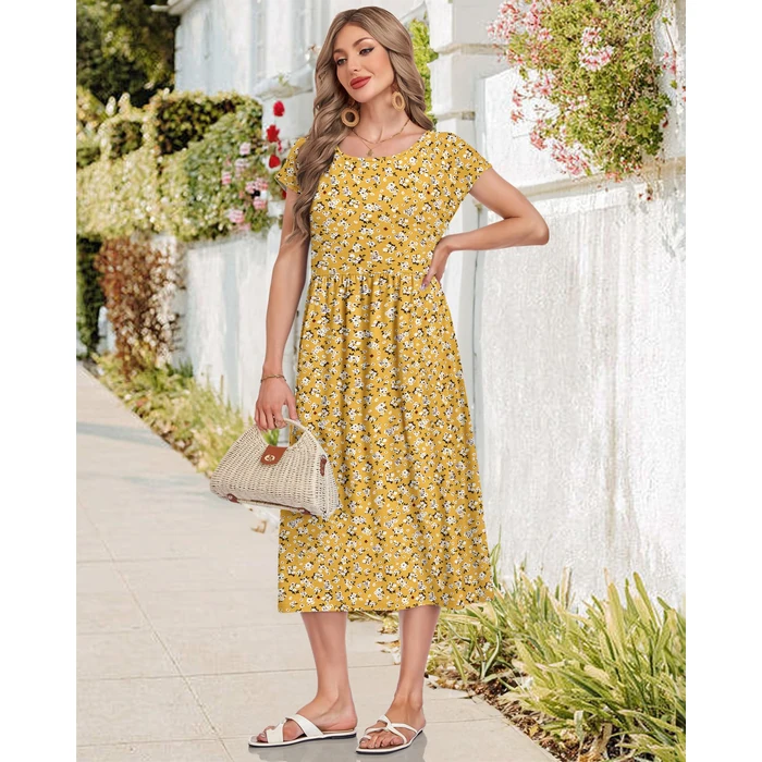 AUSELILY Women's Summer Casual Dresses Crew Neck Loose Short Sleeve Midi Dress with Pockets 2026 New,Yellow Florals,S by AUSELILY - Image 3