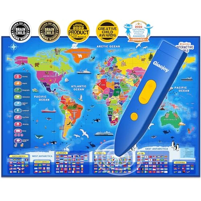 Qiaojoy Bilingual Interactive World Map for Kids Learning and Educational Toys, Talking Electronic Kids World Map i-Poster Geography Games Ages 3 to 12 Years Old, Custom Talking Birthday Gifts Card by Qiaojoy - Image 1