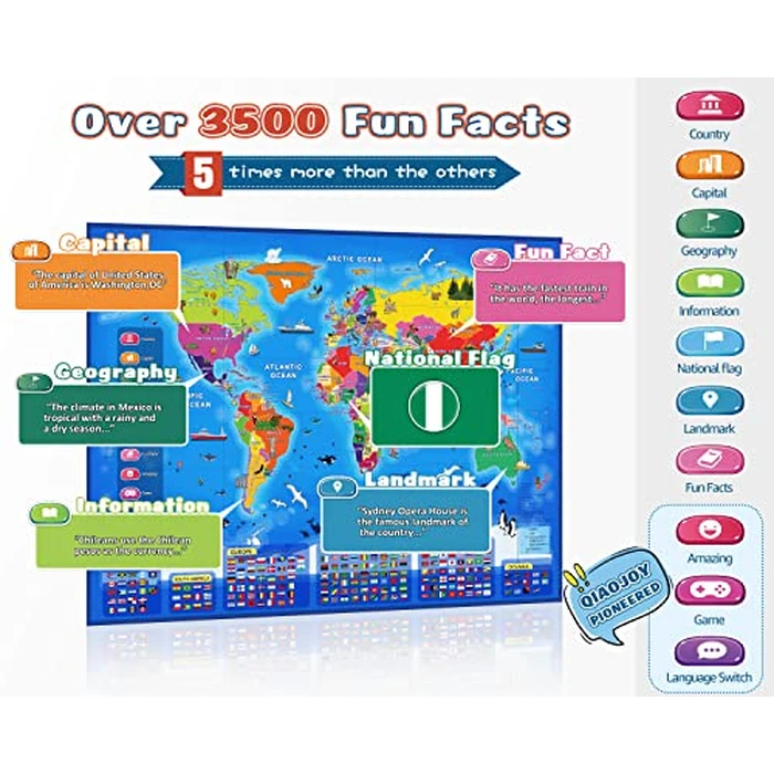 Qiaojoy Bilingual Interactive World Map for Kids Learning and Educational Toys, Talking Electronic Kids World Map i-Poster Geography Games Ages 3 to 12 Years Old, Custom Talking Birthday Gifts Card by Qiaojoy - Image 3