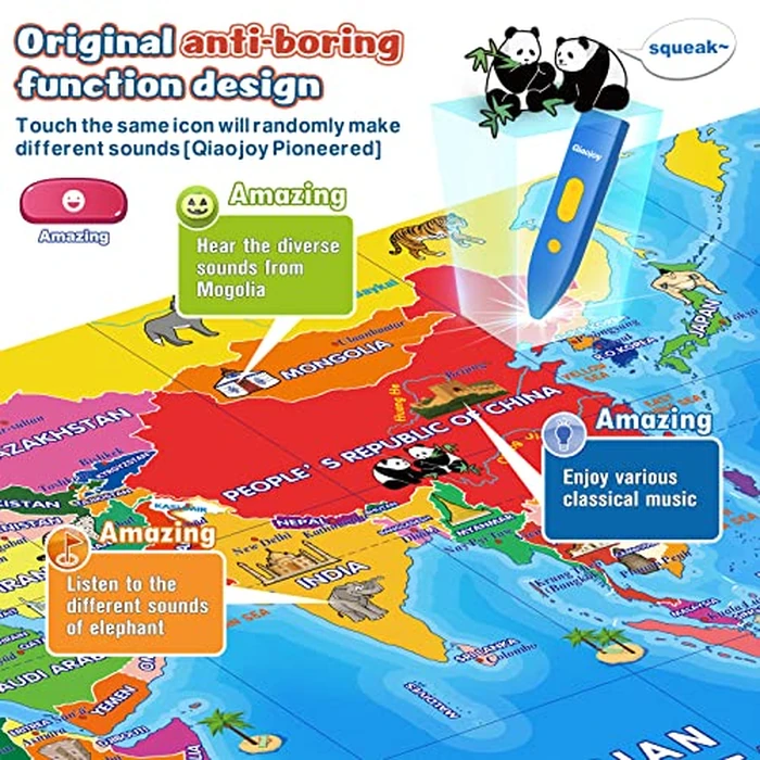 Qiaojoy Bilingual Interactive World Map for Kids Learning and Educational Toys, Talking Electronic Kids World Map i-Poster Geography Games Ages 3 to 12 Years Old, Custom Talking Birthday Gifts Card by Qiaojoy - Image 4